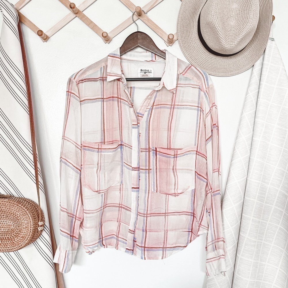 Anthropologie Holding Horses Plaid Semi Sheer Button Up Shirt